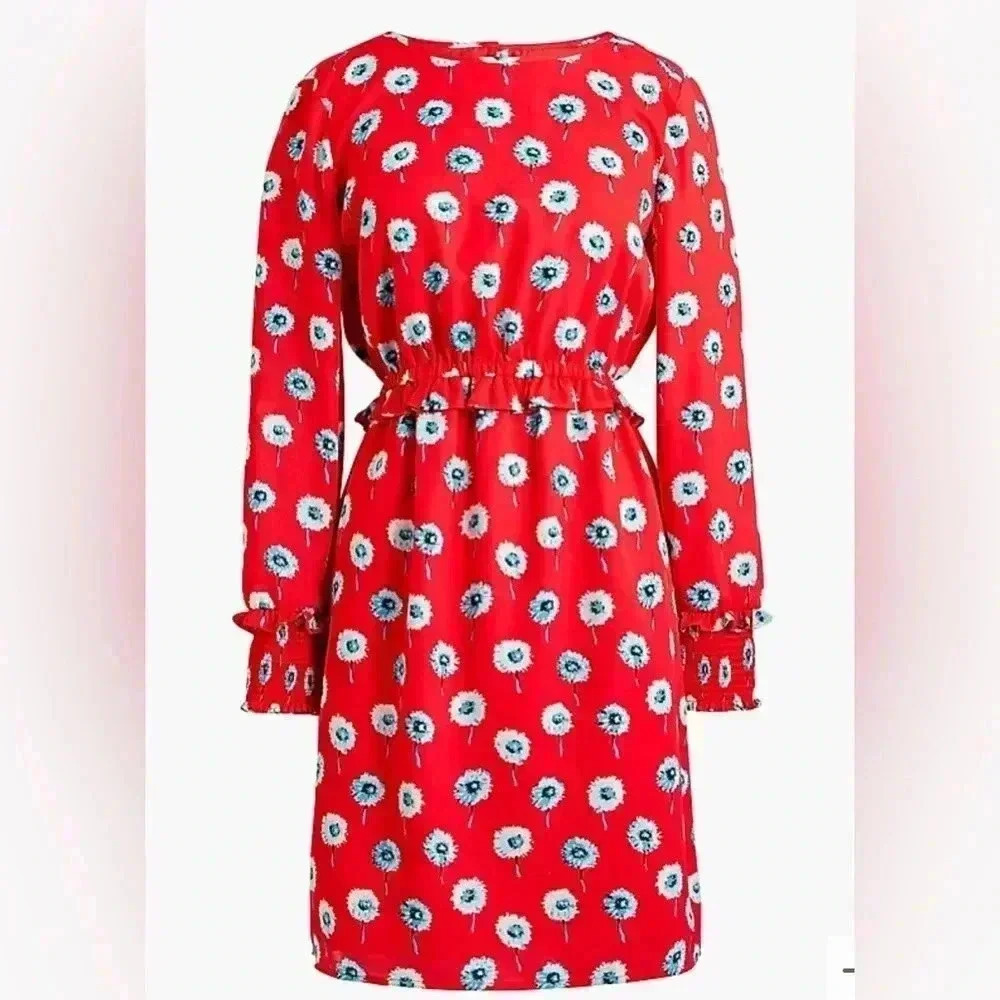 J Crew Dandelion Print Long Sleeve Dress Womens 2 Ruffle Elastic Cuff & Waist